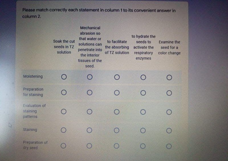 Please match correctly each statement in column 1 to its convenient answer in
column 2.
Soak the cut
seeds in TZ
solution
Mechanical
abrasion so
that water or
solutions can
penetrate into
the interior
tissues of the
to facilitate
the absorbing
of TZ solution
to hydrate the
seeds to
activate the
respiratory
Examine the
seed for a
color change
enzymes
seed.
Moistening
O
O
O
O
Preparation
O
O
for staining
O
O
O
Evaluation of
staining
O
O
O
patterns
Staining
O
O
Preparation of
dry seed
O
O
O
O
OC
O
O