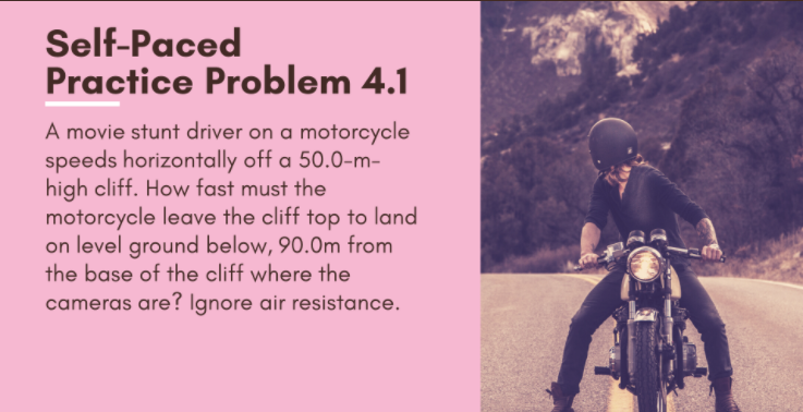 Self-Paced
Practice Problem 4.1
A movie stunt driver on a motorcycle
speeds horizontally off a 50.0-m-
high cliff. How fast must the
motorcycle leave the cliff top to land
on level ground below, 90.0m from
the base of the cliff where the
cameras are? Ignore air resistance.
