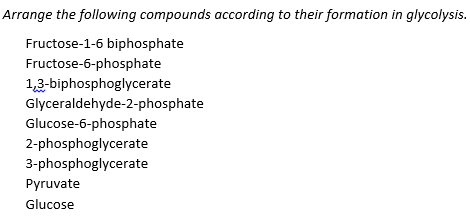 Arrange the following compounds according to their formation in glycolysis.
Fructose-1-6 biphosphate
Fructose-6-phosphate
1,3-biphosphoglycerate
Glyceraldehyde-2-phosphate
Glucose-6-phosphate
2-phosphoglycerate
3-phosphoglycerate
Pyruvate
Glucose
