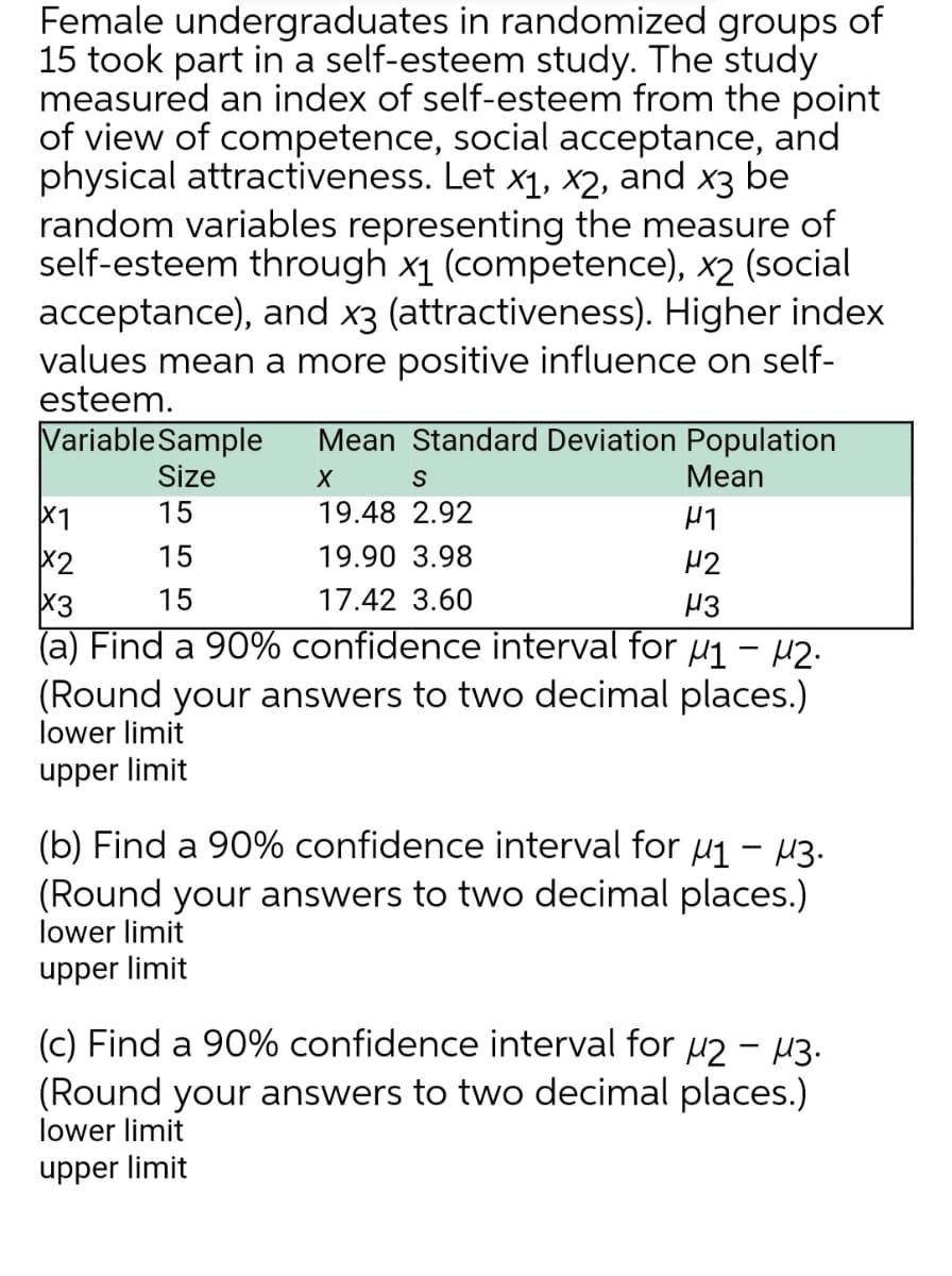 Female undergraduates in randomized groups of
15 took part in a self-esteem study. The study
measured an index of self-esteem from the point
of view of competence, social acceptance, and
physical attractiveness. Let x1, x2, and x3 be
random variables representing the measure of
self-esteem through x1 (competence), x2 (social
acceptance), and x3 (attractiveness). Higher index
values mean a more positive influence on self-
esteem.
Variable Sample
Mean Standard Deviation Population
Size
Мean
15
19.48 2.92
X1
X2
X3
(a) Find a 90% confidence interval for u1 - 42.
(Round your answers to two decimal places.)
lower limit
15
19.90 3.98
H2
15
17.42 3.60
upper limit
(b) Find a 90% confidence interval for u1 - 43.
(Round your answers to two decimal places.)
lower limit
upper limit
(c) Find a 90% confidence interval for u2 - 13.
(Round your answers to two decimal places.)
lower limit
upper limit
