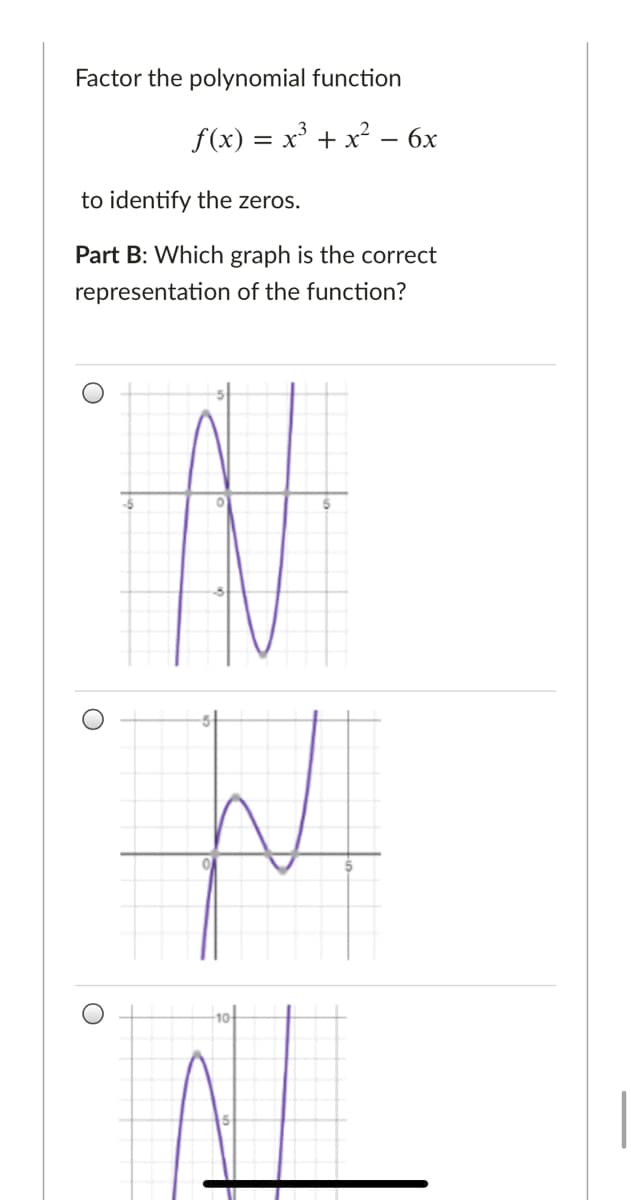 Factor the polynomial function
f(x) = x + x² – 6x
to identify the zeros.
Part B: Which graph is the correct
representation of the function?
