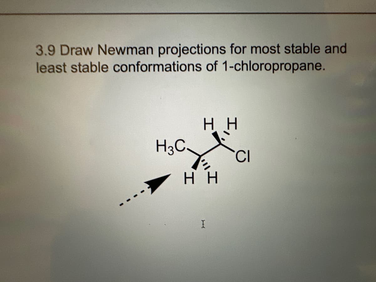 3.9 Draw Newman projections for most stable and
least stable conformations of 1-chloropropane.
H3C
HH
нн
I
CI