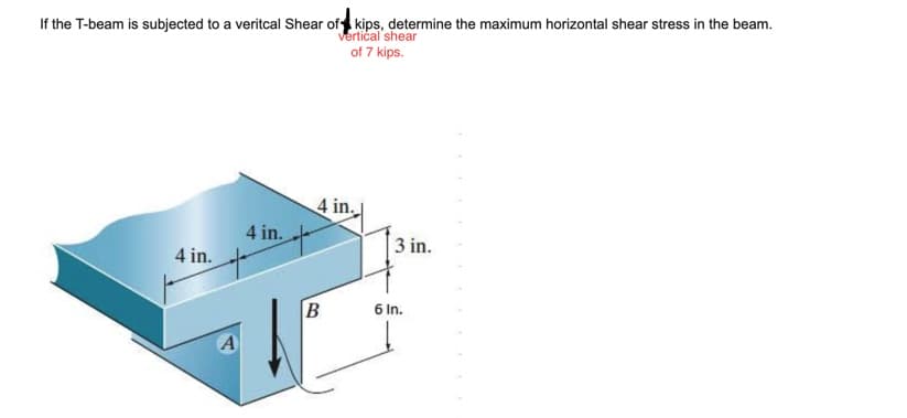 If the T-beam is subjected to a veritcal Shear of kips, determine the maximum horizontal shear stress in the beam.
Vertical shear
of 7 kips.
4 in.
4 in.
3 in.
4 in.
6 In.
