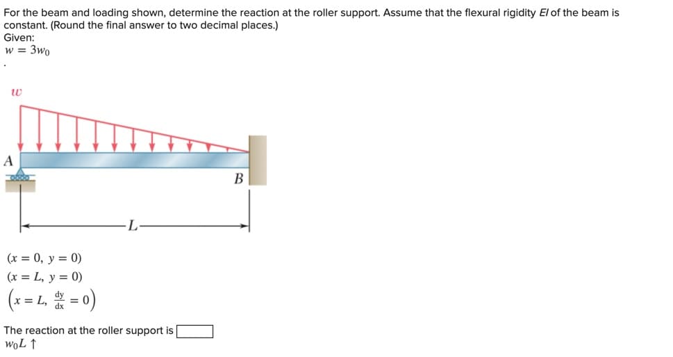 For the beam and loading shown, determine the reaction at the roller support. Assume that the flexural rigidity El of the beam is
constant. (Round the final answer to two decimal places.)
Given:
w = 3wo
A
В
(x = 0, y = 0)
(x = L, y = 0)
= L,
The reaction at the roller support is
woL ↑
