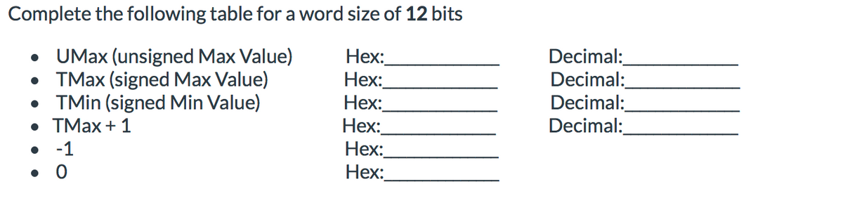 Complete the following table for a word size of 12 bits
• UMax (unsigned Max Value)
• TMAX (signed Max Value)
• TMin (signed Min Value)
• TMax + 1
Нех:
Нех:
Нех:
Нех:
Нех:
Нех:
Decimal:
Decimal:
Decimal:
Decimal:
• -1
