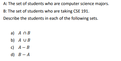 A: The set of
B: The set of students who are taking CSE 191.
Describe the students in each of the following sets.
students who are computer science majors.
a) A n B
b) A UB
c) A - B
d) B-A