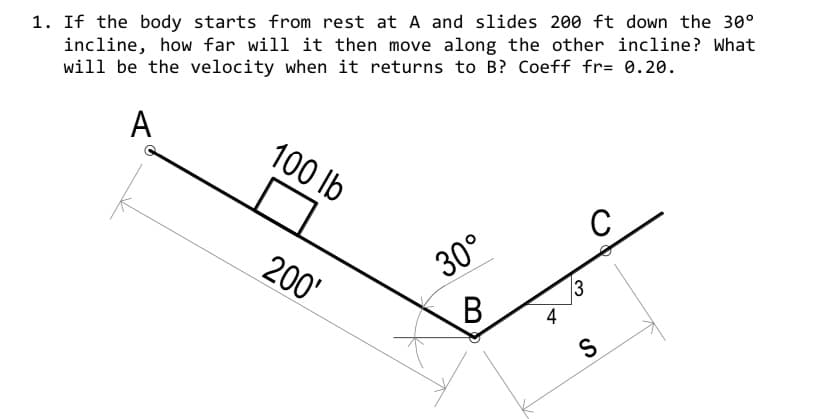 1. If the body starts from rest at A and slides 200 ft down the 30⁰
incline, how far will it then move along the other incline? What
will be the velocity when it returns to B? Coeff fr= 0.20.
A
100 lb
C
200'
30°
B
3
S