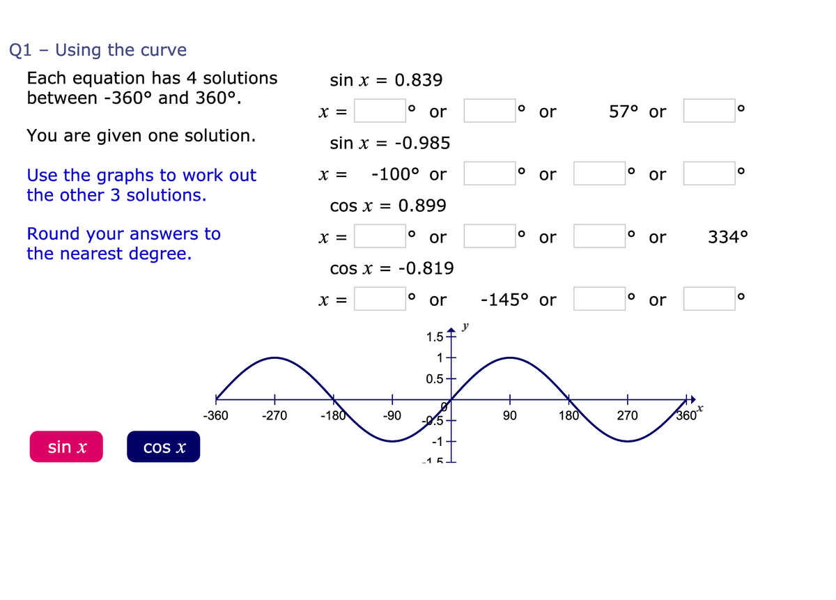 Q1 - Using the curve
Each equation has 4 solutions
between -360° and 360°.
sin x = 0.839
X =
or
or
57° or
You are given one solution.
sin x = -0.985
-100° or
Use the graphs to work out
the other 3 solutions.
X =
or
or
COS X = 0.899
Round your answers to
the nearest degree.
X =
or
or
or
334°
cos x = -0.819
X =
or
-145° or
or
1.5+
1
0.5-
+
-360
-270
-180
-90
90
180
270
360*
-0.5
-1
sin x
COS X
_1 5
