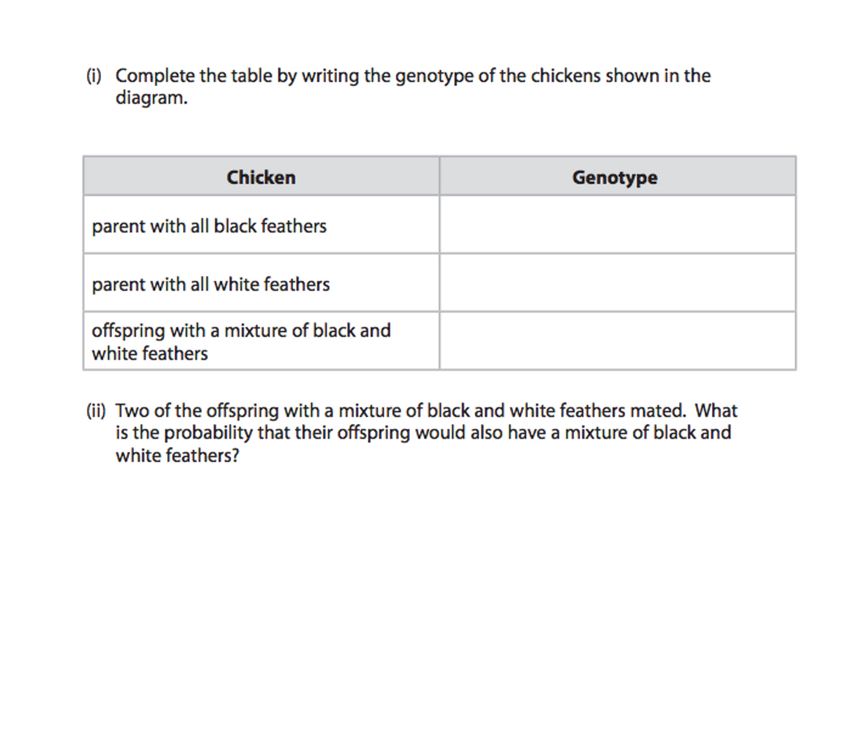 (i) Complete the table by writing the genotype of the chickens shown in the
diagram.
Chicken
Genotype
parent with all black feathers
parent with all white feathers
offspring with a mixture of black and
white feathers
(ii) Two of the offspring with a mixture of black and white feathers mated. What
is the probability that their offspring would also have a mixture of black and
white feathers?

