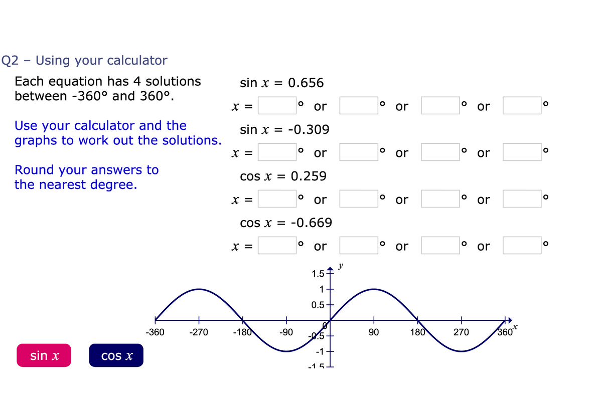 Q2 - Using your calculator
Each equation has 4 solutions
between -360° and 360°.
sin x = 0.656
X =
or
or
or
Use your calculator and the
graphs to work out the solutions.
sin x = -0.309
X =
or
or
or
Round your answers to
the nearest degree.
COs x = 0.259
X =
or
or
or
COs x = -0.669
X =
or
or
or
y
1.5
1+
0.5+
-360
-270
-180
-90
90
180
270
360*
-0.5
-1
sin x
COS X
-1 51
