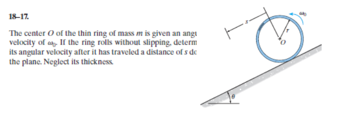 The center O of the thin ring of mass m is given an angi
velocity of an. If the ring rolls without slipping, determ
its angular velocity after it has traveled a distance of s do
the plane. Neglect its thickness.
