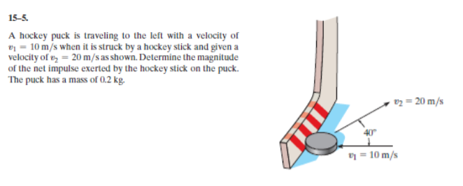 15-5.
A hockey puck is traveling to the left with a velocity of
e = 10 m/s when it is struck by a hockey stick and given a
velocity of e, = 20 m/s as shown. Determine the magnitude
of the net impulse exerted by the hockey stick on the puck.
The puck has a mass of 0.2 kg.
v2 = 20 m/s
40
n = 10 m/s
