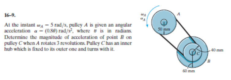 16-9.
At the instant a – 5 rad/s, pulley A is given an angular
acceleration a - (0.86) rad/s, where u is in radians.
Determine the magnitude of acceleration of point B on
pulley C when A rotates 3 revolutions. Pulley C has an inner
hub which is fixed to its outer one and turns with it.
50 mm
40 mm
60 mm
