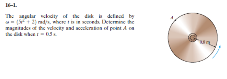 The angular velocity of the disk is defined by
w = (5 + 2) rad/s, where t is in seconds. Determine the
magnitudes of the velocity and acceleration of point A on
the disk when t = 0.5 s.
0.8 m
