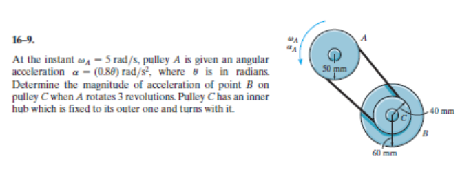 16-9.
At the instant aa – 5 rad/s, pulley A is given an angular
acceleration a - (0.86) rad/s, where u is in radians.
Determine the magnitude of acceleration of point B on
pulley C when A rotates 3 revolutions. Pulley C has an inner
hub which is fixed to its outer one and turns with it.
50 mm
40 mm
60 mm
