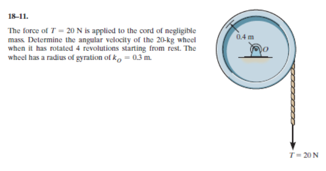 The force of T = 20 N is applied to the cord of negligible
mass. Determine the angular velocity of the 20-kg wheel
when it has rotated 4 revolutions starting from rest. The

