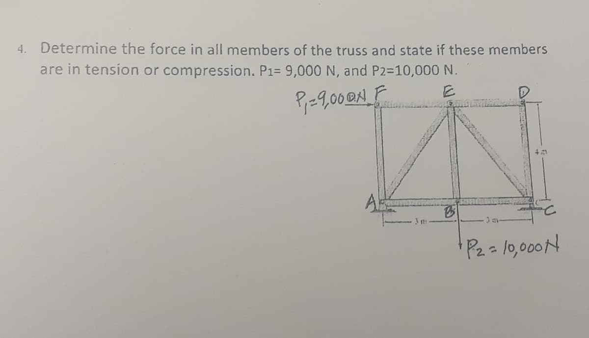 4. Determine the force in all members of the truss and state if these members
are in tension or compression. P1= 9,000 N, and P2-10,000 N.
P2=10,000N
