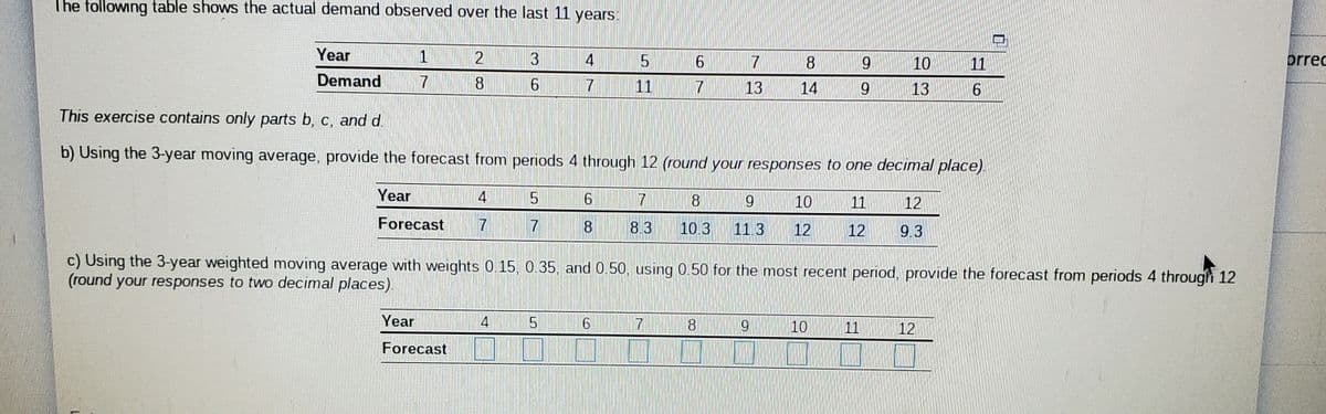 The following table shows the actual demand observed over the last 11 years:
orrec
Year
2
4
7
169
10
11
Demand
8.
11
13
14
6.
13
9.
This exercise contains only parts b, c, and d.
b) Using the 3-year moving average, provide the forecast from periods 4 through 12 (round your responses to one decimal place).
Year
4
6.
10
11
12
Forecast
8.3
10.3
11.3
12
12
9.3
c) Using the 3-year weighted moving average with weights 0.15, 0.35, and 0.50, using 0.50 for the most recent period, provide the forecast from periods 4 through 12
(round your responses to two decimal places).
Year
4
7
10
11
12
Forecast
