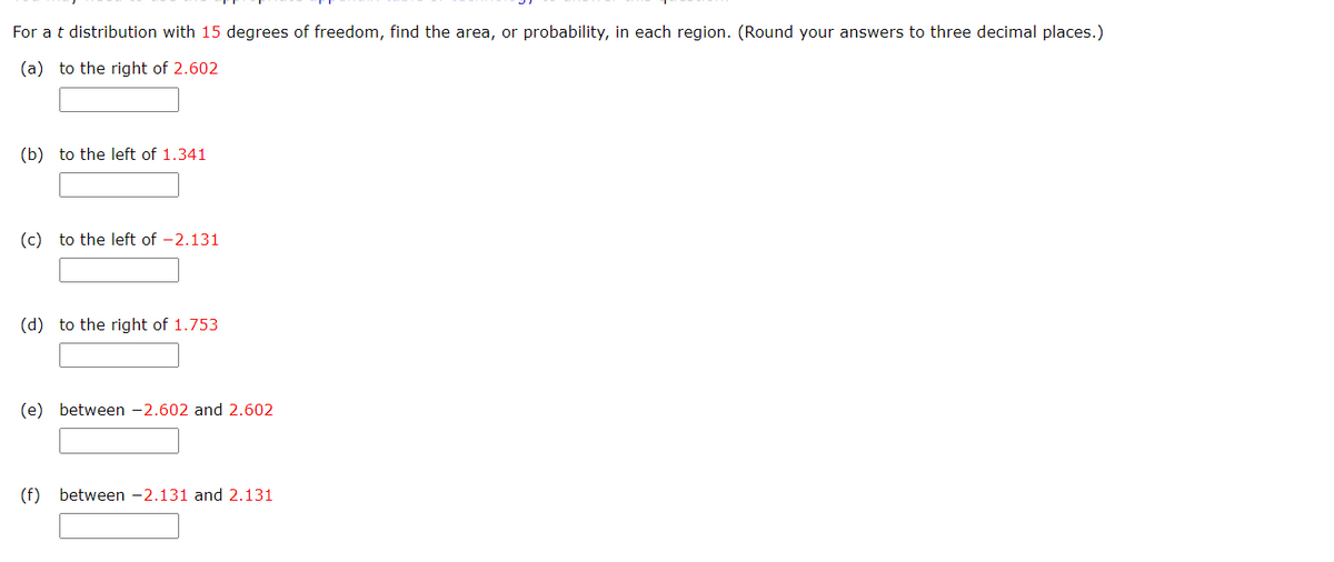 For a t distribution with 15 degrees of freedom, find the area, or probability, in each region. (Round your answers to three decimal places.)
(a) to the right of 2.602
(b) to the left of 1.341
(c) to the left of -2.131
(d) to the right of 1.753
(e) between -2.602 and 2.602
(f) between -2.131 and 2.131
