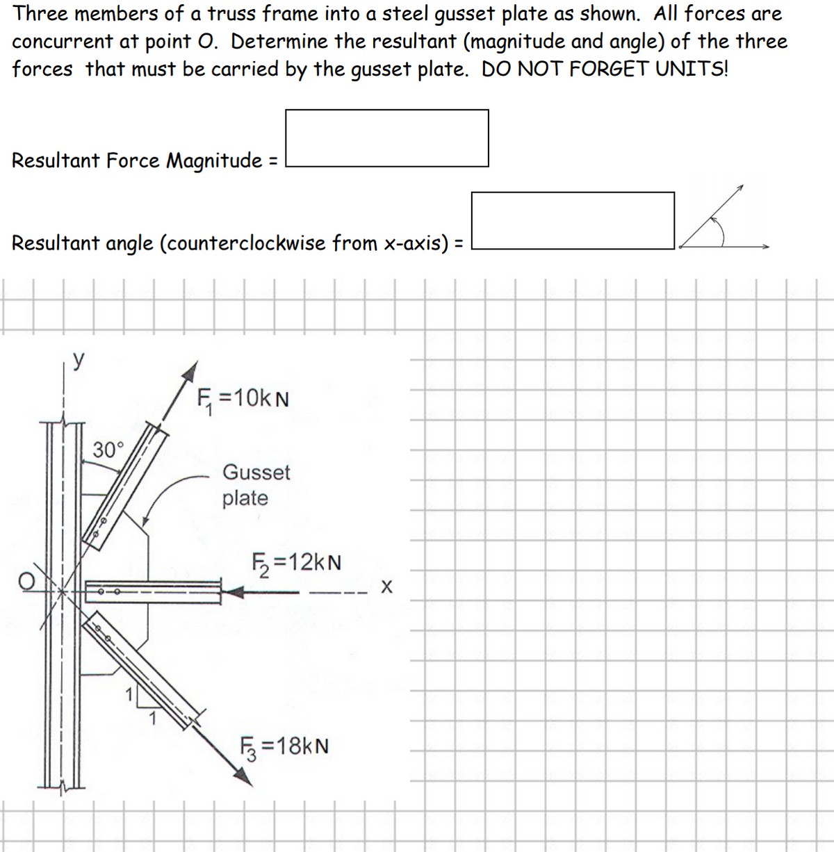 Three members of a truss frame into a steel gusset plate as shown. All forces are
concurrent at point O. Determine the resultant (magnitude and angle) of the three
forces that must be carried by the gusset plate. DO NOT FORGET UNITS!
Resultant Force Magnitude =
Resultant angle (counterclockwise from x-axis) =
%3D
y
F =10kN
30°
Gusset
plate
F=12kN
5 =18kN
