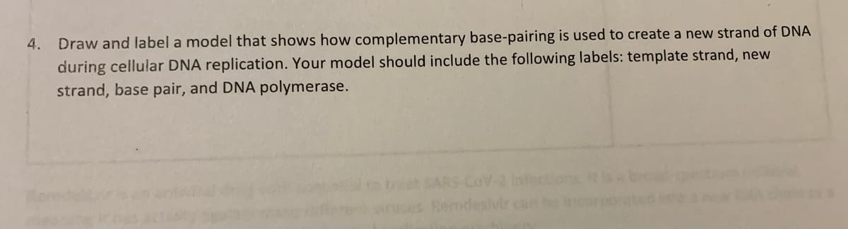 4. Draw and label a model that shows how complementary base-pairing is used to create a new strand of DNA
during cellular DNA replication. Your model should include the following labels: template strand, new
strand, base pair, and DNA polymerase.
ARS COV-2 Infections
Remdesivir
