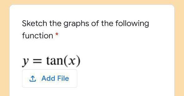 Sketch the graphs of the following
function
y = tan(x)
1 Add File
