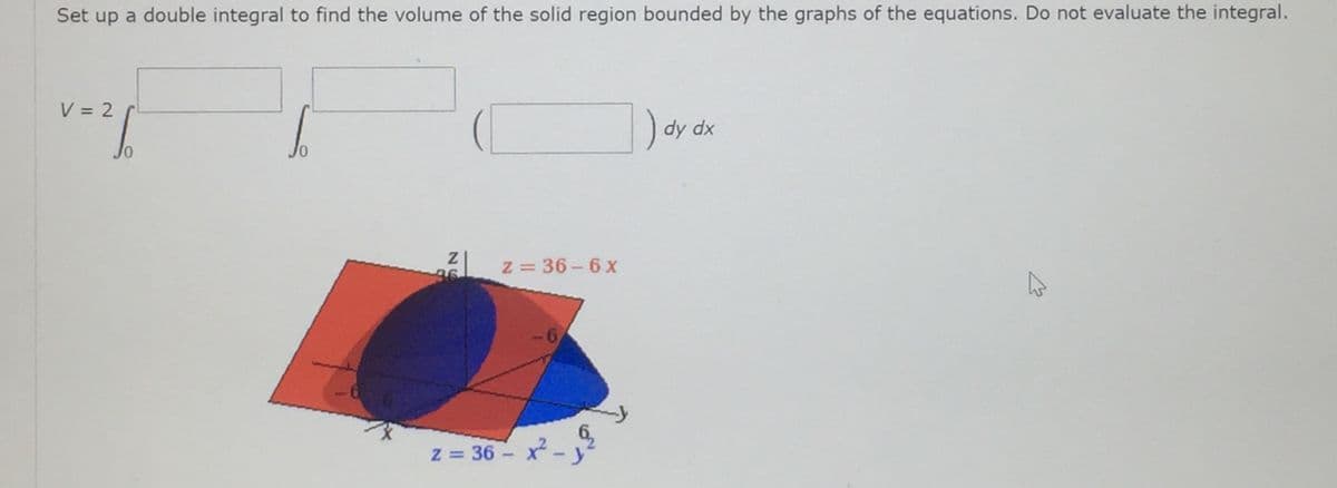 Set up a double integral to find the volume of the solid region bounded by the graphs of the equations. Do not evaluate the integral.
V = 2
dy dx
Z = 36 - 6 X
96
-6
z = 36 - x - y
|
26
