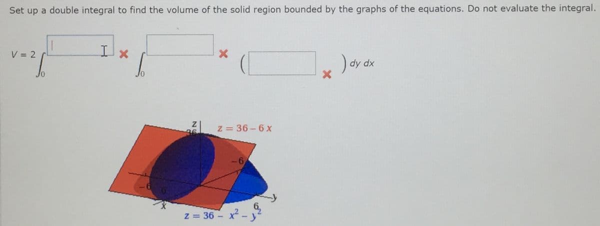 Set up a double integral to find the volume of the solid region bounded by the graphs of the equations. Do not evaluate the integral.
V = 2
) dy dx
36
z = 36 - 6X
-6
Z = 36 - x.
- y
