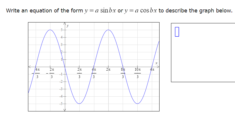 Write an equation of the form y= a sinbx or y= a cos bx to describe the graph below.
4
3.
2n
10%
-1
3
3
3
3
-2+
-3
-4+
