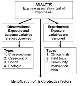 ANALYTIC
Examine association (test of
hypothesis)
Observational
Exposure and
outcome variables
are just observed
Experimental
Exposure
variables are
assigned
Турes
1. Cross-sectional
2. Case-control
3. Cohort
4. Ecologic
Турes
1. Clinical trials
2. Field trials
3. Community
intervention
trials
Identification of risk/protective factors
