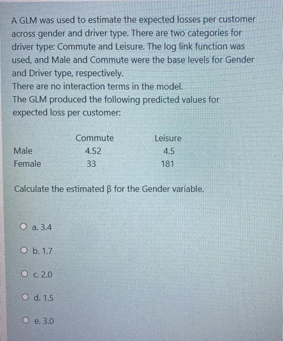 A GLM was used to estimate the expected losses per customer
across gender and driver type. There are two categories for
driver type: Commute and Leisure. The log link function was
used, and Male and Commute were the base levels for Gender
and Driver type, respectively.
There are no interaction terms in the model.
The GLM produced the following predicted values for
expected loss per customer:
Commute
Leisure
Male
4.52
4.5
Female
33
181
Calculate the estimated B for the Gender variable.
О а. 3.4
O b. 1.7
О с. 2.0
O d. 1.5
О е. 3.0
