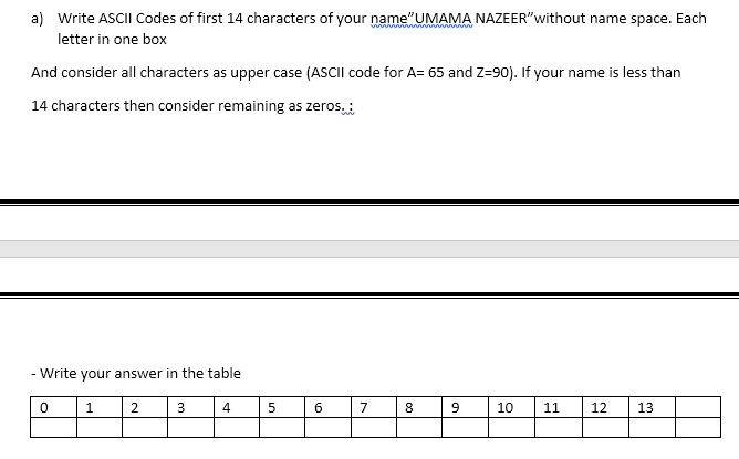 a) Write ASCII Codes of first 14 characters of your name"UMAMA NAZEER"without name space. Each
letter in one box
And consider all characters as upper case (ASCII code for A= 65 and Z=90). If your name is less than
14 characters then consider remaining as zeros,
- Write your answer in the table
1
3
4
7
8
10
11
12
13
