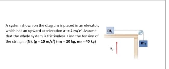 A system shown on the diagram is placed in an elevator,
which has an upward acceleration ar = 2 m/s. Assume
m,
that the whole system is frictionless. Find the tension of
the string in (N). (g = 10 m/s') (m = 20 kg, m2 = 40 kg)
m,
