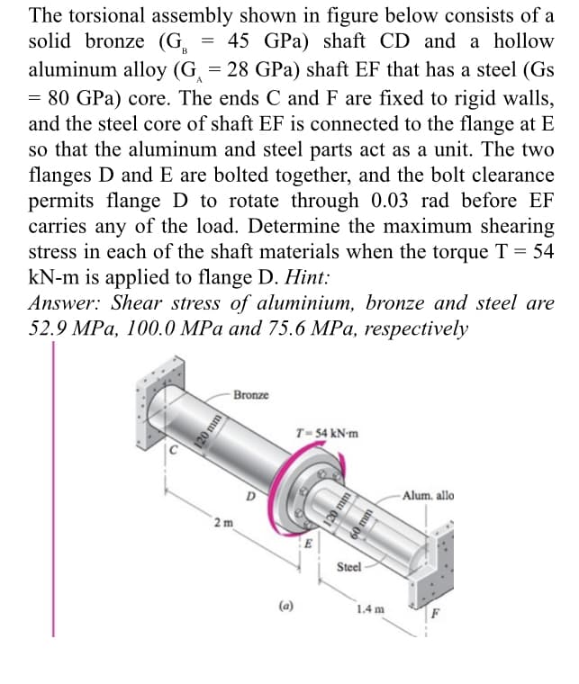 The torsional assembly shown in figure below consists of a
solid bronze (G,
= 45 GPa) shaft CD and a hollow
aluminum alloy (G, = 28 GPa) shaft EF that has a steel (Gs
= 80 GPa) core. The ends C and F are fixed to rigid walls,
and the steel core of shaft EF is connected to the flange at E
so that the aluminum and steel parts act as a unit. The two
flanges D and E are bolted together, and the bolt clearance
permits flange D to rotate through 0.03 rad before EF
carries any of the load. Determine the maximum shearing
stress in each of the shaft materials when the torque T = 54
kN-m is applied to flange D. Hint:
Answer: Shear stress of aluminium, bronze and steel are
52.9 MPа, 100.0 MPа and 75.6 MPа, respectively
Bronze
T- 54 kN-m
D
-Alum. allo
2 m
Steel
(a)
1.4 m
120 mm
120 mm
unu 09
