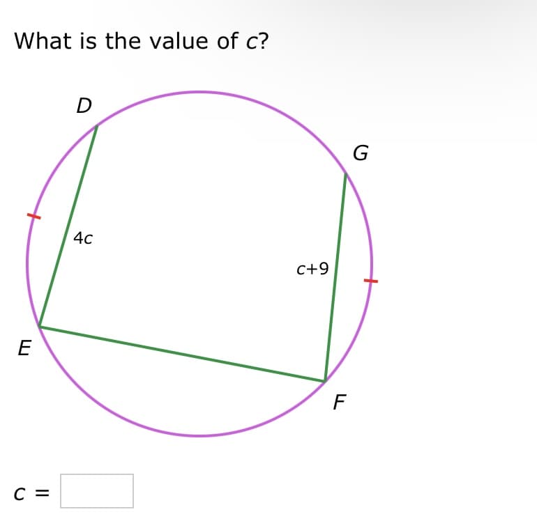 What is the value of c?
E
C =
D
4c
c+9
F
G