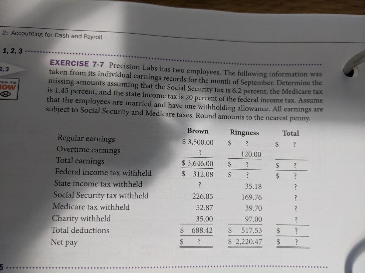 2: Accounting for Cash and Payroll
1, 2, 3
EXERCISE 7-7 Precision Labs has two emplovees. The following information was
taken from its individual earnings records for the month of September. Determine the
missing amounts assuming that the Social Security tax is 6.2 percent, the Medicare tax
is 1.45 percent, and the state income tax is 20 percent of the federal income tax. Assume
that the employees are married and have one withholding allowance. All earnings are
subject to Social Security and Medicare taxes. Round amounts to the nearest penny.
2,3
how me
IOW
Brown
Ringness
Total
Regular earnings
Overtime earnings
$ 3,500.00
120.00
Total earnings
$ 3,646.00
24
24
Federal income tax withheld
$312.08
%24
2$
State income tax withheld
35.18
Social Security tax withheld
Medicare tax withheld
226.05
169.76
52.87
39.70
97.00
Charity withheld
Total deductions
35.00
$ 688.42
517.53
?
$ 2,220.47
Net pay
5.
%24
%24
%24
%24
%24
%24
