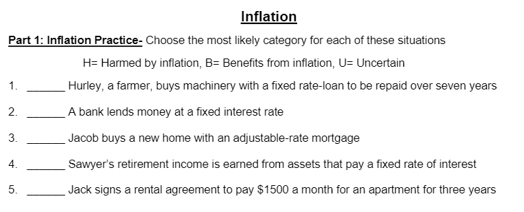 Inflation
Part 1: Inflation Practice- Choose the most likely category for each of these situations
H= Harmed by inflation, B= Benefits from inflation, U= Uncertain
1.
Hurley, a farmer, buys machinery with a fixed rate-loan to be repaid over seven years
2.
A bank lends money at a fixed interest rate
3.
Jacob buys a new home with an adjustable-rate mortgage
4.
Sawyer's retirement income is earned from assets that pay a fixed rate of interest
5.
Jack signs a rental agreement to pay $1500 a month for an apartment for three years
