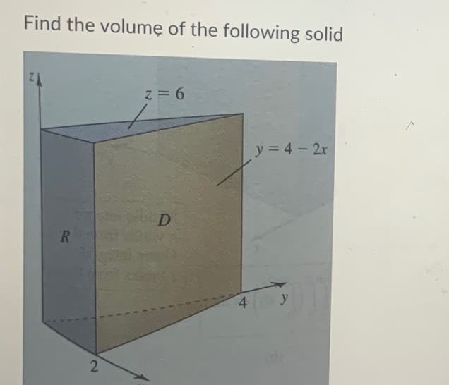 Find the volumẹ of the following solid
z = 6
y = 4 - 2r
R.
4.
y
2
