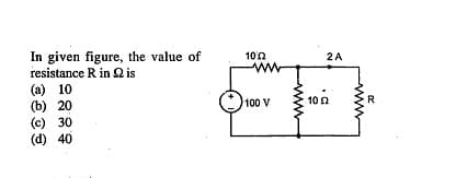 In given figure, the value of
resistance R in Q is
(a) 10
(b) 20
(c) 30
(d) 40
100
2A
100 V
10 2
R
