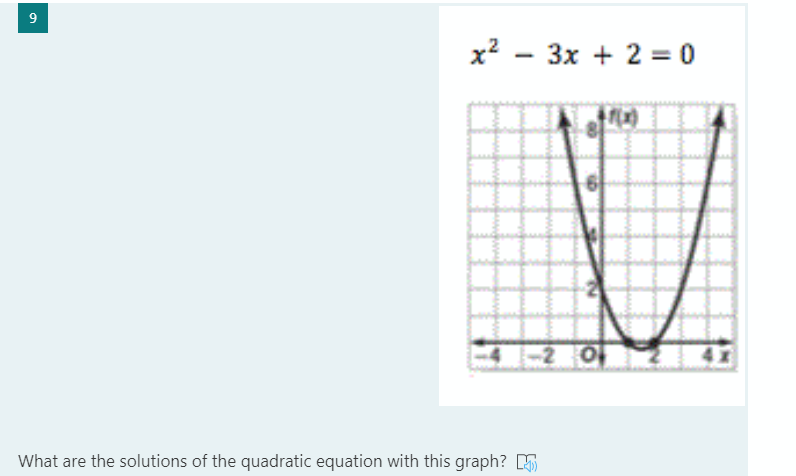 x2 - 3x + 2 = 0
<-2 O
What are the solutions of the quadratic equation with this graph? S
