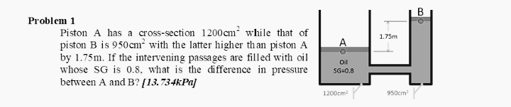 B
Problem 1
Piston A has a cross-section 1200cm while that of
piston B is 950cm² with the latter higher th an piston A
by 1.75m. If the intervening passages are filled with oil
whose SG is 0.8, what is the difference in pressure
between A and B? [13.734kPa]
1.75m
A
Oil
SG=0.8
1200cm?
950cm

