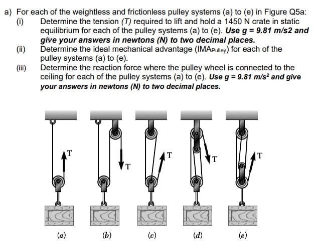 a) For each of the weightless and frictionless pulley systems (a) to (e) in Figure Q5a:
Determine the tension (T) required to lift and hold a 1450 N crate in static
equilibrium for each of the pulley systems (a) to (e). Use g = 9.81 m/s2 and
give your answers in newtons (N) to two decimal places.
(i)
Determine the ideal mechanical advantage (IMAPulley) for each of the
pulley systems (a) to (e).
(ii)
(iii)
Determine the reaction force where the pulley wheel is connected to the
ceiling for each of the pulley systems (a) to (e). Use g = 9.81 m/s² and give
your answers in newtons (N) to two decimal places.
(a)
(b)
T
(c)
T
(d)
T
(e)
T