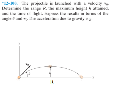 *12-100. The projectile is launched with a velocity vo.
Determine the range R, the maximum height h attained,
and the time of flight. Express the results in terms of the
angle 0 and vo. The acceleration due to gravity is g.
