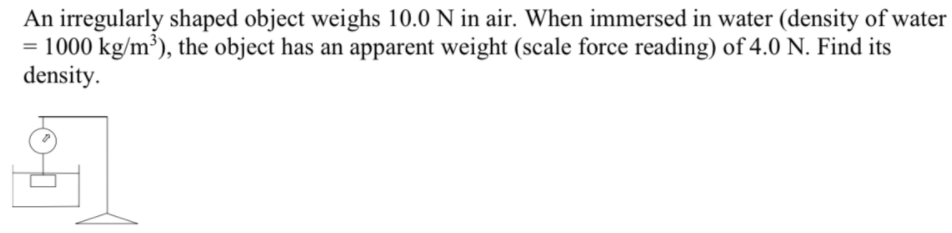 An irregularly shaped object weighs 10.0 N in air. When immersed in water (density of water
= 1000 kg/m³), the object has an apparent weight (scale force reading) of 4.0 N. Find its
density.
%3D
