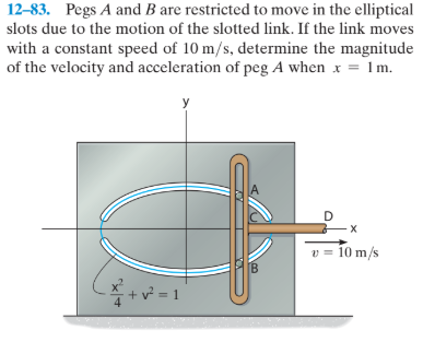 12-83. Pegs A and B are restricted to move in the elliptical
slots due to the motion of the slotted link. If the link moves
with a constant speed of 10 m/s, determine the magnitude
of the velocity and acceleration of peg A when x = 1m.
v = 10 m/s
+v =1
