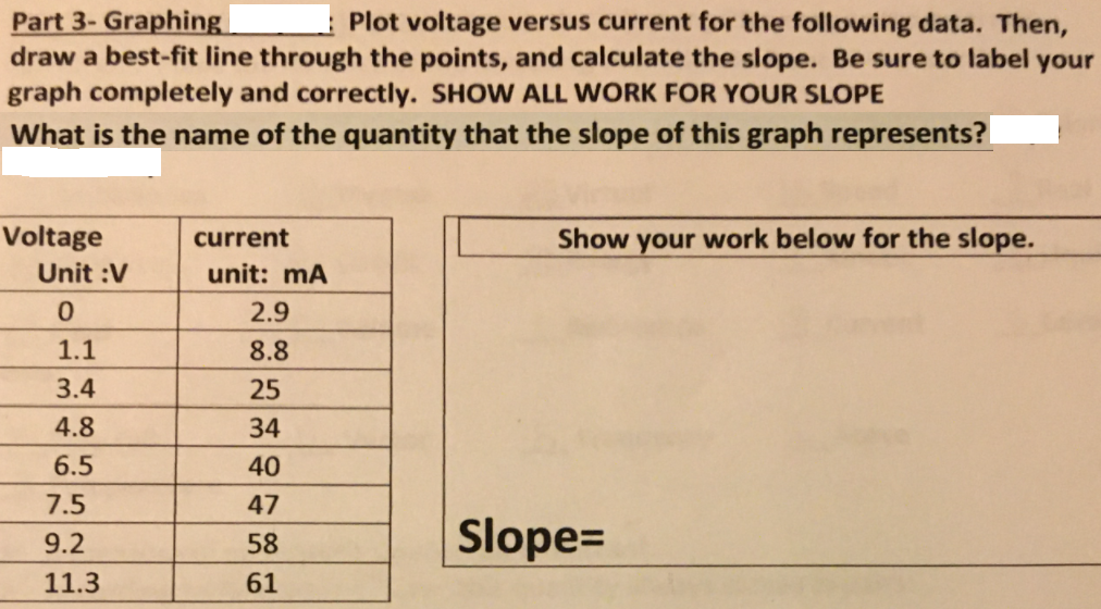 Part 3- Graphing
draw a best-fit line through the points, and calculate the slope. Be sure to label your
graph completely and correctly. SHOW ALL WORK FOR YOUR SLOPE
: Plot voltage versus current for the following data. Then,
What is the name of the quantity that the slope of this graph represents?
Voltage
Show your work below for the slope.
current
Unit :V
unit: mA
2.9
1.1
8.8
3.4
25
4.8
34
6.5
40
7.5
47
Slope=
9.2
58
11.3
61
