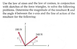 Use the law of sines and the law of cosines, in conjunction
with sketches of the force triangles, to solve the following
problems. Determine the magnitude of the resultant R and
the angle e between the x-axis and the line of action of the
resultant for the following:
180 N
240 N

