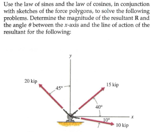 Use the law of sines and the law of cosines, in conjunction
with sketches of the force polygons, to solve the following
problems. Determine the magnitude of the resultant R and
the angle e between the x-axis and the line of action of the
resultant for the following:
20 kip
15 kip
45
40°
10°
10 kip
