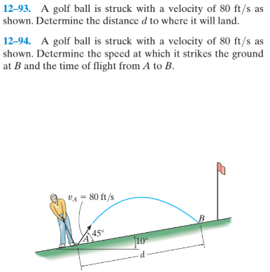 12-93. A golf ball is struck with a velocity of 80 ft/s as
shown. Determine the distance d to where it will land.
12-94. A golf ball is struck with a velocity of 80 ft/s as
shown. Determine the speed at which it strikes the ground
at B and the time of flight from A to B.
VA - 80 ft/s
10

