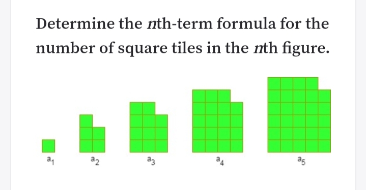 Determine the nth-term formula for the
number of square tiles in the nth figure.
a5
a2
az
